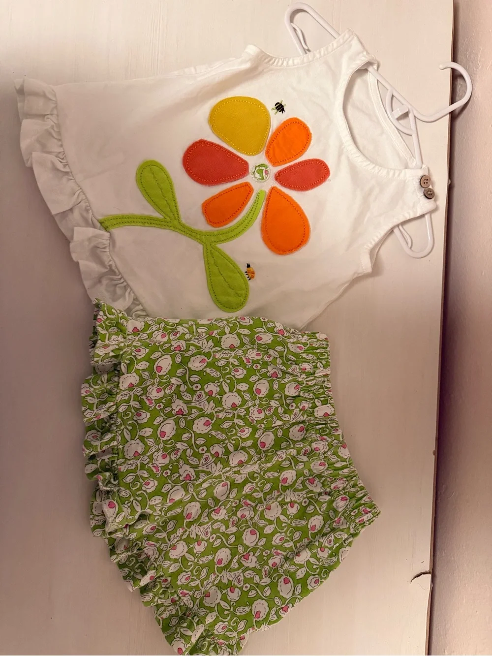 Girls White Tank Top and shorts with Orange & Yellow Flower Appliqué - Kids